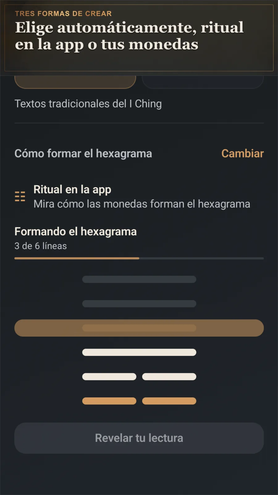 El ritual de monedas de la app construye un hexagrama del I Ching